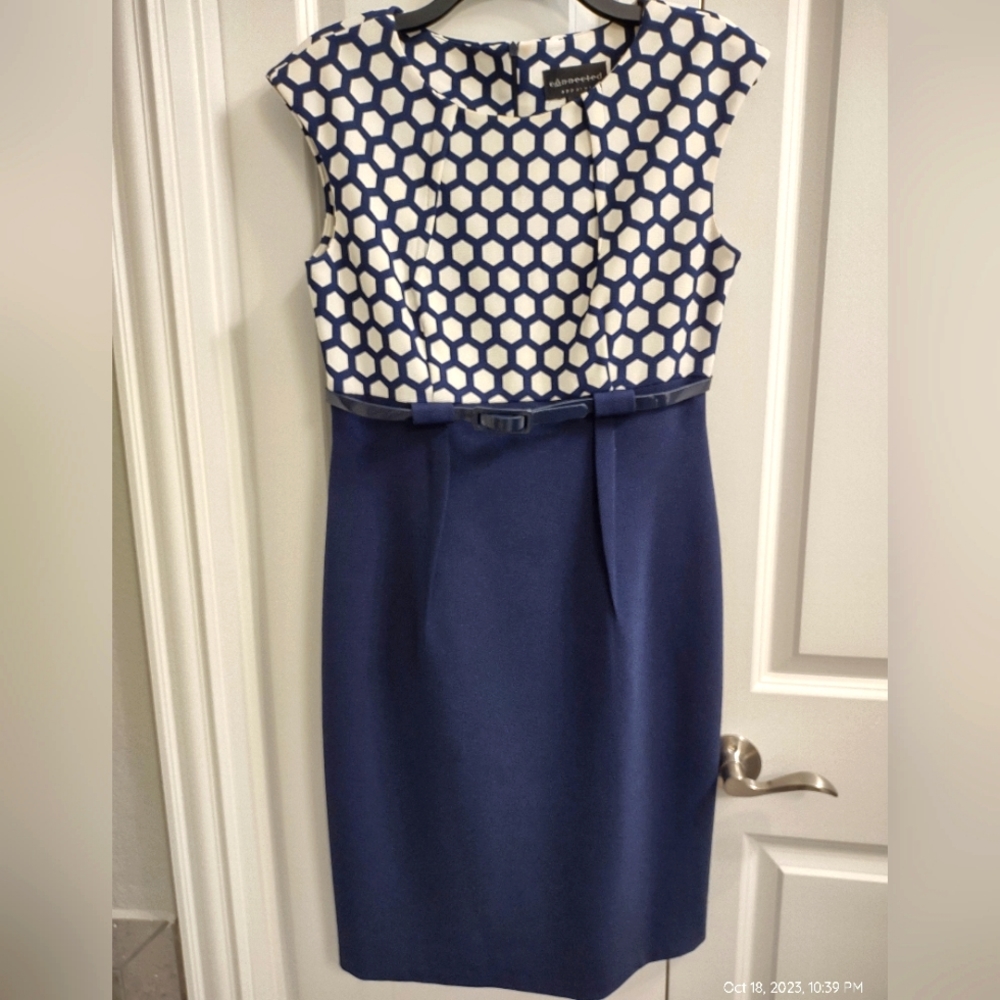 Ladies Navy Blue and White dress with shiny belt. Size 8